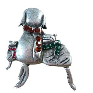 Vintage Brooch Crafted Pin Cat and Puppy Tail Friends Rhinestones Classic Pewter